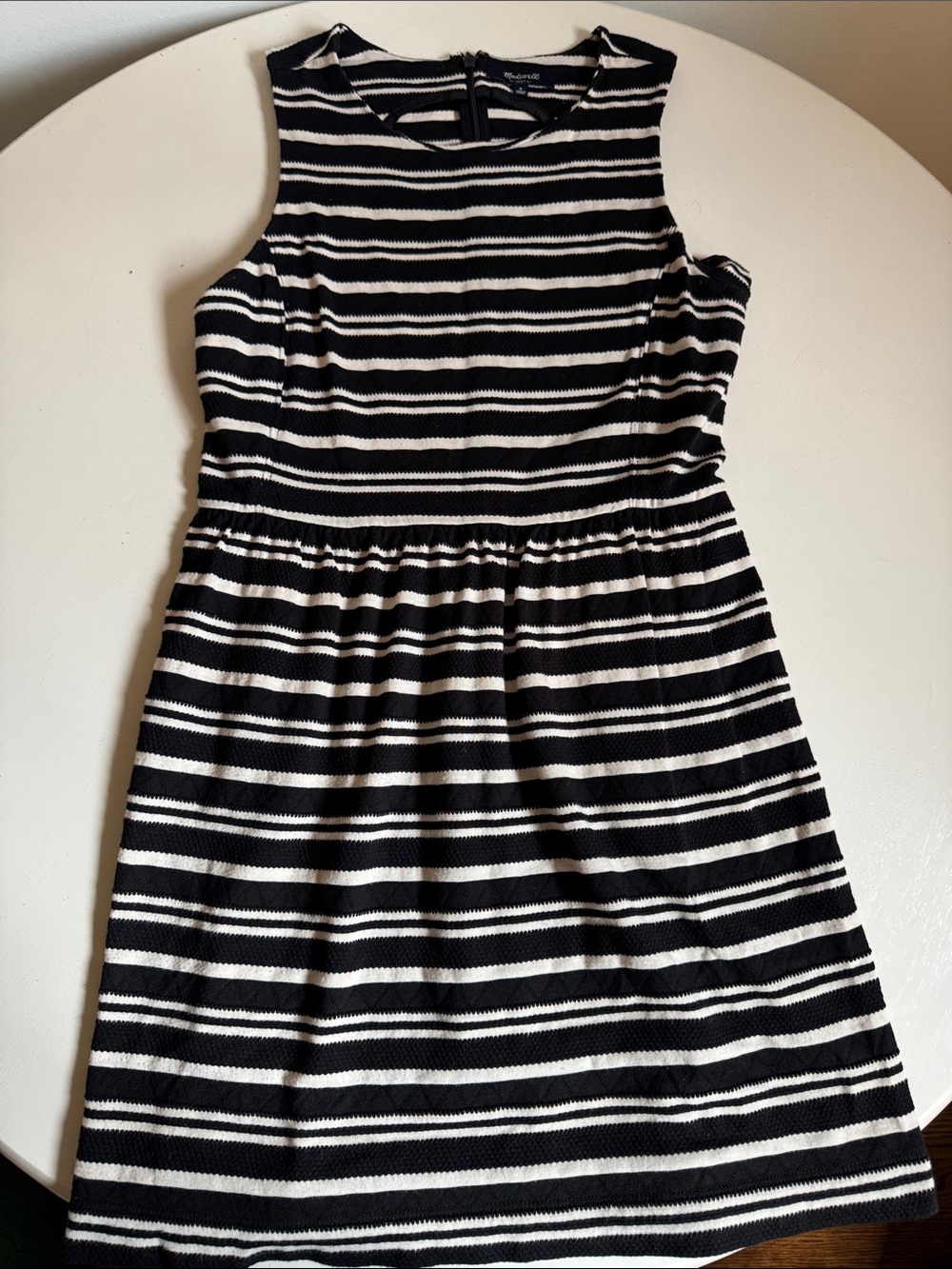 Madewell Black and White Striped Sleeveless Textured Cotton Dress